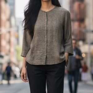 Eileen Fisher Linen Blend Strata Gauze Mandarin Collar Shirt 3/4 Sleeve